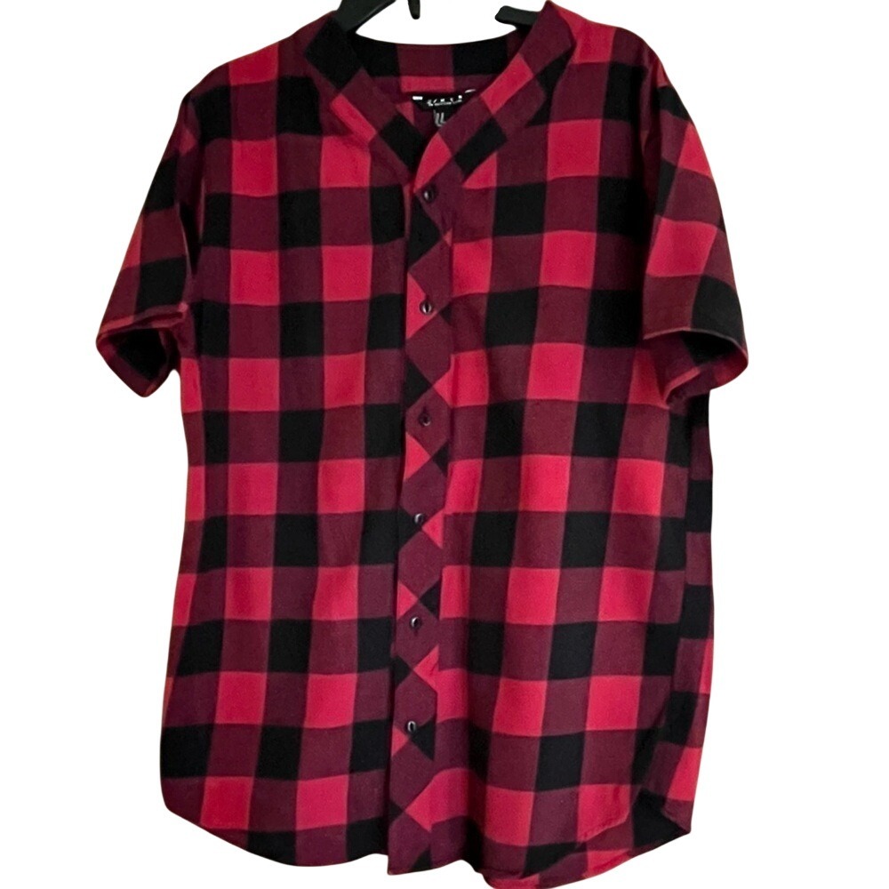 21 Men Buffalo Plaid Baseball Jersey Shirt Red‎ Black Checkered Short Sleeve M
